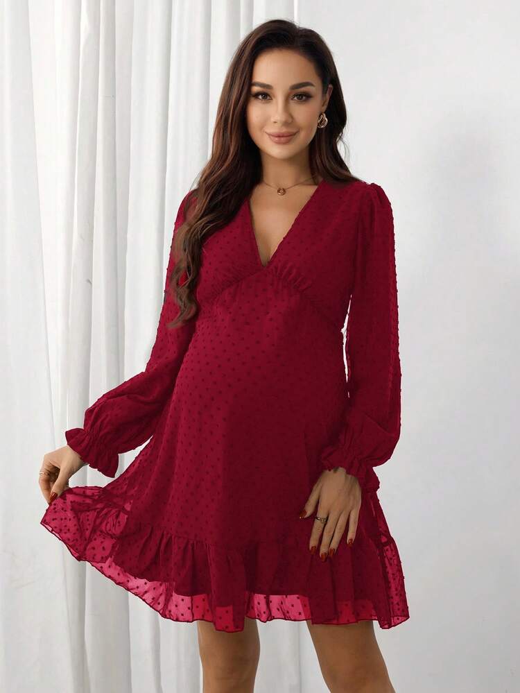 SHEIN 孕妇纯色简约V领长袖休闲连衣裙 - 酒紅色 - 查看 6