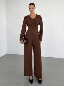 Siren Gaze 2pcs Women Elegant Dark Brown Pants Set,Overlapping Wrap Long Sleeve Top & Wide-Leg Pants Suit,French Office Style Autumn Outfit,Minimalist Clothes - Brown - View 5