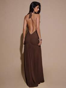 SHEIN BAE Shades Of Brown 夏季時尚派對深V領掛脖緊身抓皺女款網紗長洋裝，優雅正式派對雞尾酒會伴娘禮服 - 咖啡棕 - 查看 2