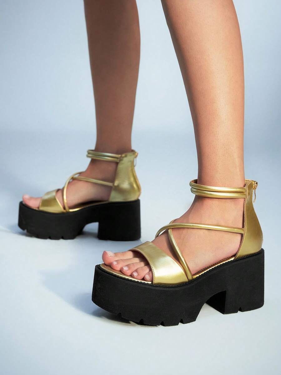 Sugerpunk Giày cao gót đế xuồng phong cách Punk Gothic màu đen cho nữ, quai chéo La Mã cổ điển, mũi hở, gót dày - Vàng - Xem 1