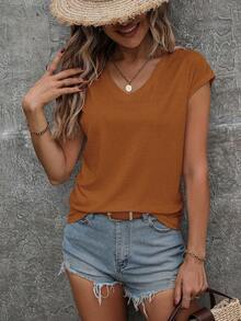 SHEIN LUNE 女式纯色 V 领短袖休闲 T 恤，夏季秋季上衣