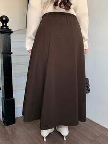 Dazy Plus Plus Size Women Solid Color Elastic Waist A-Line Long Skirt, Casual Commuting Loose Fit, Spring/Autumn - Brown - View 2
