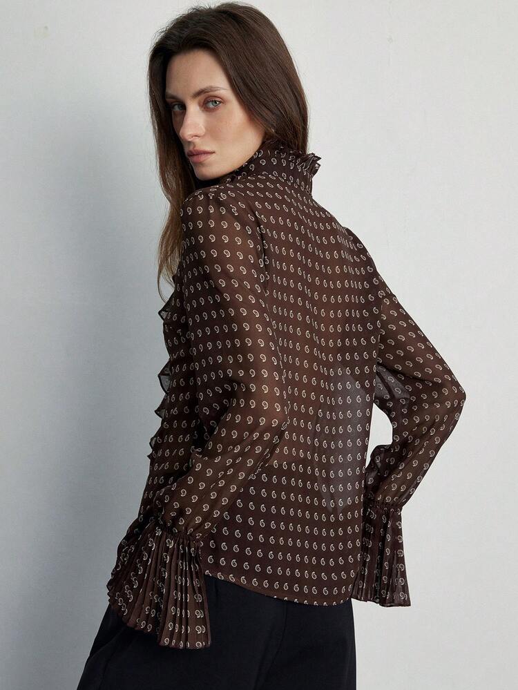 Aveloria Modichic Blusa Elegante com Gola Babado Frontal com Botões, Estampa Paisley e Flor de Caju Sobrepostas em Chiffon, Estilo Vintage para Mulheres - Multicolorido - Visão 6