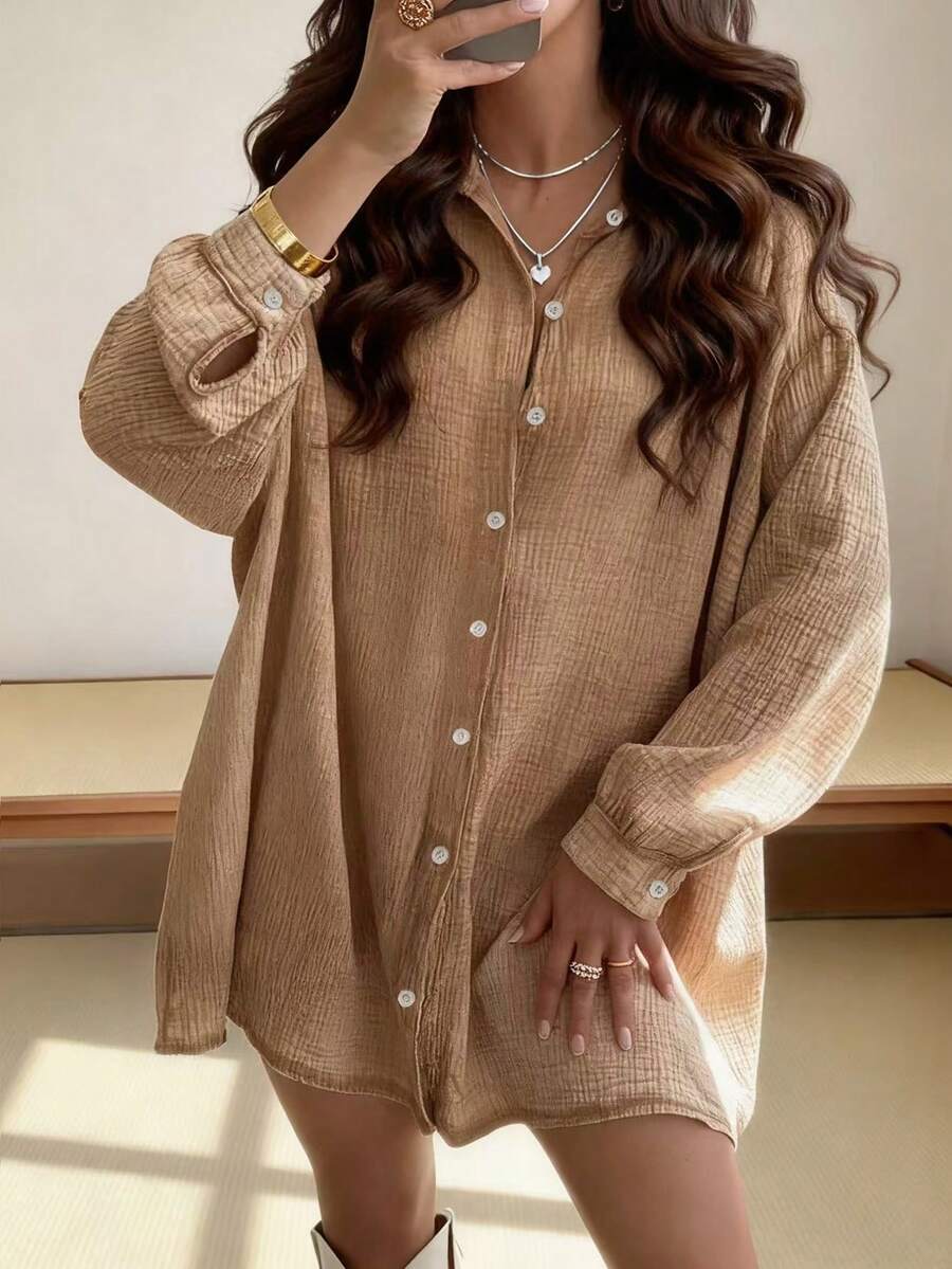 SHEIN Plus Size Casual Single Breasted Long Sleeve Shirt Dress, Fall - Khaki - View 1