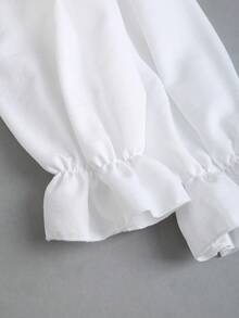 Sweetra French Romantic Early Autumn Fashion Princess Style Puff Sleeve Dress, Sophisticated Waist Design, Asymmetrical Hem, Elegant Party Cute Pure White Dress For Women - White - View 6