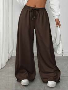 SHEIN EZwear 女士纯色抽绳腰阔腿休闲宽松运动裤 - 咖啡棕 - 查看 4