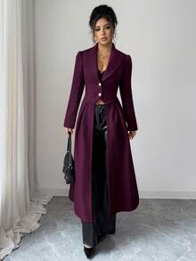 Rafferiza 女士优雅复古收腰前开衩A字长款大衣，秋冬女士长款外套，长袖外套，女士优雅穿搭，女士时尚长款外套 - 中紫紅色 - 查看 7