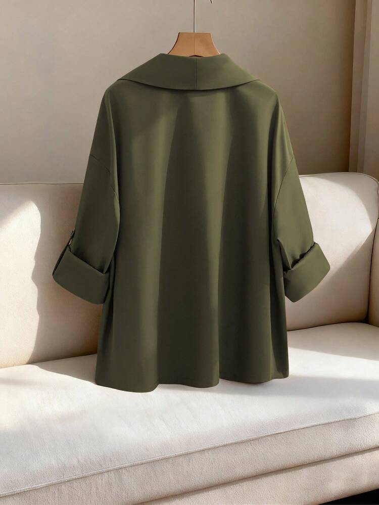 GlowEve CURVE Áo khoác gió thường ngày ve áo màu trơn cỡ lớn dành cho nữ - xanh quân đội - Xem 2