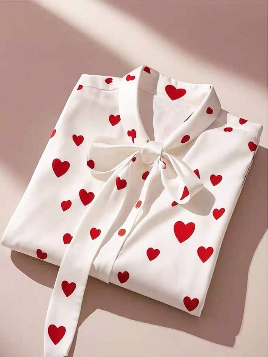 GlowEve Áo kiểu nữ mùa xuân mới, Áo kiểu ngày Valentine, Áo kiểu Pháp đơn giản thanh lịch dành cho công sở mùa xuân/hè, Áo in hình trái tim, Áo dự tiệc cưới, Áo sinh nhật, Áo trắng thanh lịch - Đỏ - Xem 1