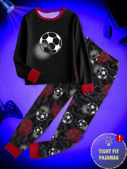 Tween Boys Snug Fit  2-Piece Set - Black Red Soccer Pajamas Glow Color Change Soccer Camouflage Print Crew Neck Design Black Red Sports Soccer Color Elastic Fitted Fabric Long Sleeve Crew Neck Fitted Top Cuffed Pants Soccer Camouflage Combo Social Media Style Sports Soccer Spring Summer Autumn Winter Holiday Essential Big Boys Fitted Home Set .This Product Requires UV Light Exposure To Glow.