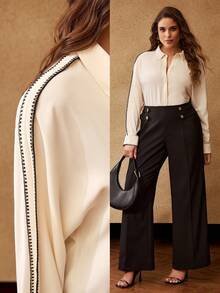 MOTF PREMIUM PLUS EMBROIDERED CONTRAST TRIM LONG SLEEVE SHIRT, ELEGANT FOR COMMUTING - Beige - View 1