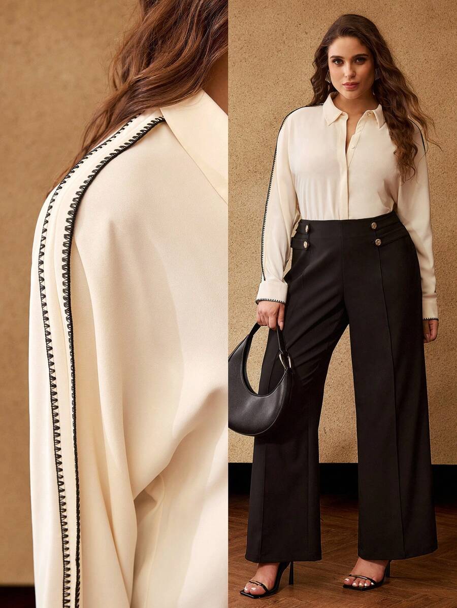 MOTF PREMIUM PLUS EMBROIDERED CONTRAST TRIM LONG SLEEVE SHIRT, ELEGANT FOR COMMUTING - Beige - View 1