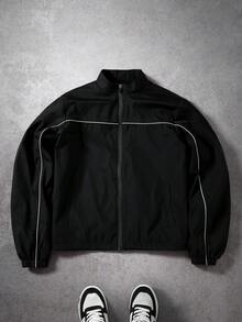 PAVTROS 男士休闲时尚街头通勤反光撞色滚边拉链夹克，春秋季 - 黑色 - 查看 3