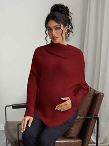 Momance 孕妇纯色高领蝙蝠袖长袖不对称下摆时尚毛衣