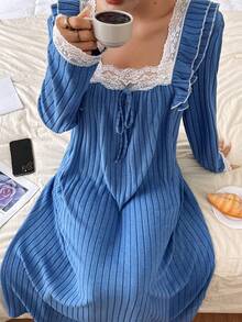 SHEIN Women's Blue Contrast Lace Square Neck Long Nightgown, Winter - Blue - View 4