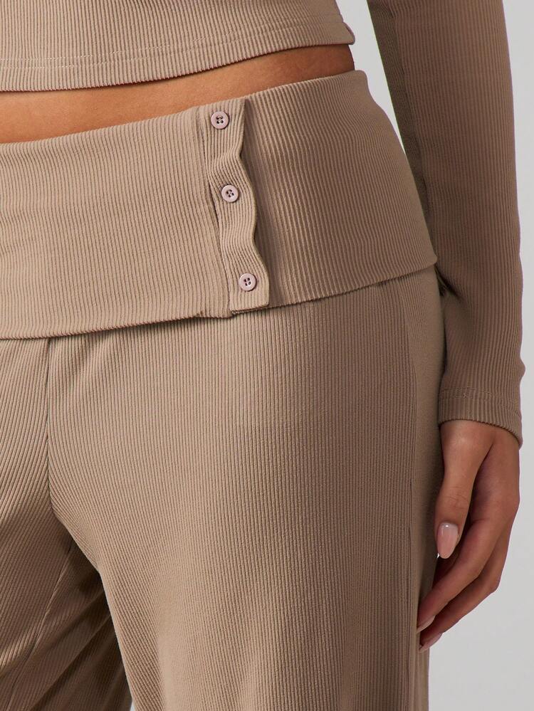MISSGUIDED Ribbed Knit High Rise Wide Leg Palazzo Pants With Foldover Waistband Button Detail Fall Winter Loungewear
