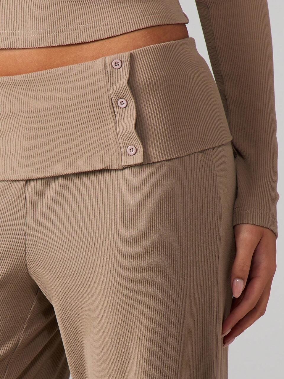 MISSGUIDED Ribbed Knit High Rise Wide Leg Palazzo Pants With Foldover Waistband Button Detail Fall Winter Loungewear
