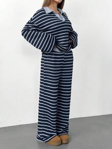 SHEIN PETITE 女款 2 件套海軍藍白條紋 V 領寬鬆長袖 T 恤與彈性腰長褲，秋季居家服冬季針織套裝，適合嬌小女性 - 彩色 - 查看 3