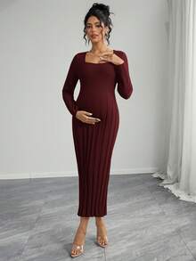Momance 女士孕妇宽松方领罗纹喇叭下摆长袖针织毛衣连衣裙，舒适优雅 - 酒紅色 - 查看 5