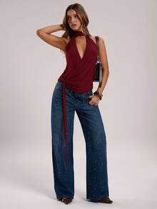 SHEIN BAE 女士纯色深V领褶皱性感时尚吊带上衣 - 酒紅色 - 查看 6