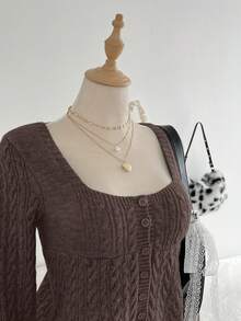 Elamini 复古休闲女式圆领开衫 - 咖啡棕 - 查看 3