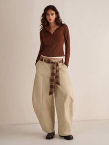 Easelle Women's Casual Thick Fabric Striped Plaid Lace-Up Casual Wide Leg Pants, Autumn/Winter Bent Knife Cut Wide Leg Pants Come With A Belt As A Gift Khaki - Khaki - View 7