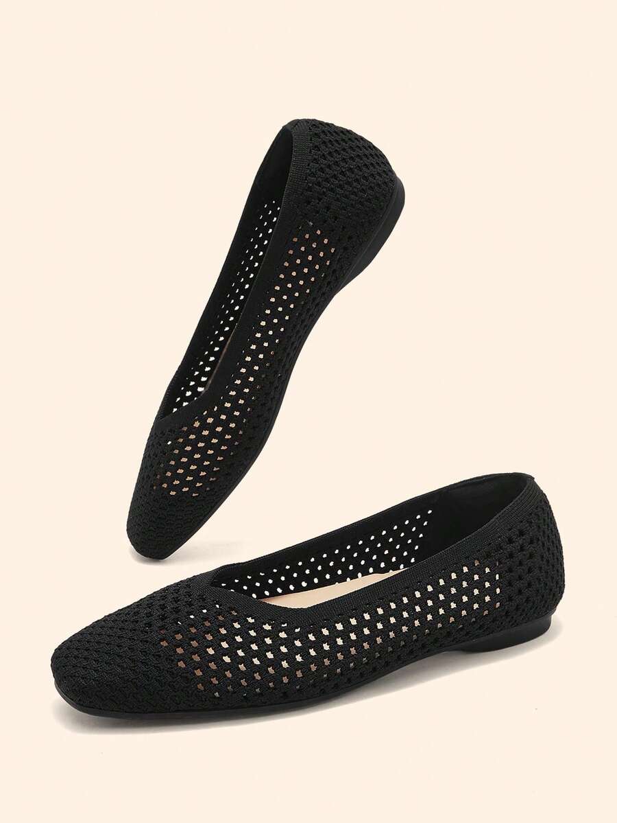 Ressula Sepatu Flat Wanita Kasual Serbaguna untuk Berpergian, Warna Polos, dan Berongga - Hitam - View 1