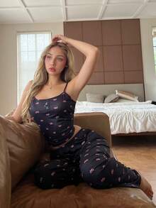 SHEIN 2pcs Women Sleepwear Set, Camisole And Pants With Bow And Butterfly Print, Sexy Loungewear - Multicolor - View 9