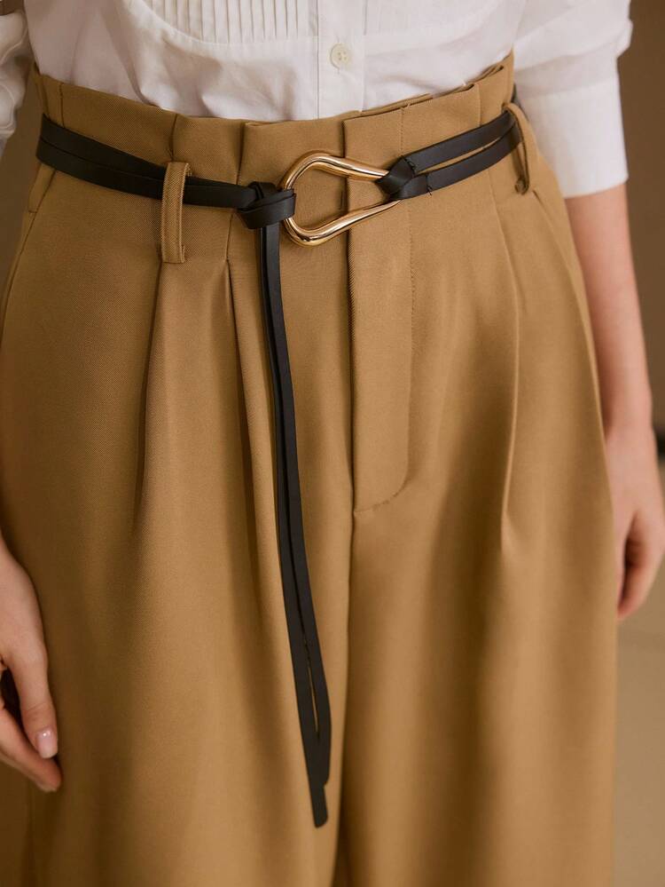 WOMEN'S SOLID COLOR PAPERBAG WAIST VERSATILE COMMUTER ELEGANT WIDE LEG BELTED PANTS