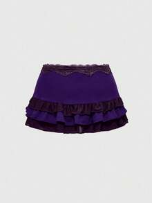 ROMWE Grunge Punk 复古撞色蕾丝荷叶边低腰性感层叠褶皱迷你裙，适合春假音乐会、锐舞派对、情人节等场合。 - 紫色 - 查看 2