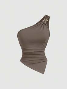 Sweetra Women's Solid Color Minimalist Asymmetric Collar Top With Metal Buckle - Multicolor - View 5