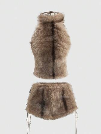 Hippie Y2K Ombre Furry Halter Patchwork Sexy Bodycon Crop Top With Furry Low-Rise Super Shorts Women 2 Pieces Set