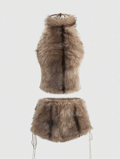 Hippie Ensemble 2 pièces femme composé d'un crop top sexy moulant patchwork à col ras-du-cou ombré et de shorts super courts à taille basse avec fourrure