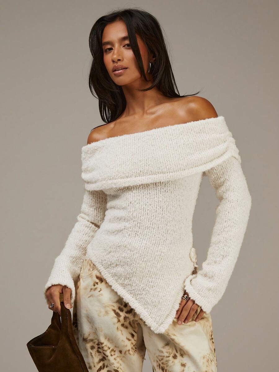 Athîral Blusa de punto de un hombro de manga larga para mujer, Blanco Nochevieja, Suéter Beige, Blusa casual para mujer, Blusa elegante para mujer, Blanco Nochevieja, Ropa de Navidad para mujer, Blusa blanca, Ropa de fiesta para mujer, Blusas básicas, Blusa de hombros descubiertos - Blanco - Ver 1