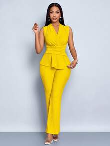 SOLERSUN 女士杏色优雅V领长袖T恤阔腿裤两件套不对称下摆两件套日常休闲女士春夏无袖短袖 - 黃色 - 查看 6