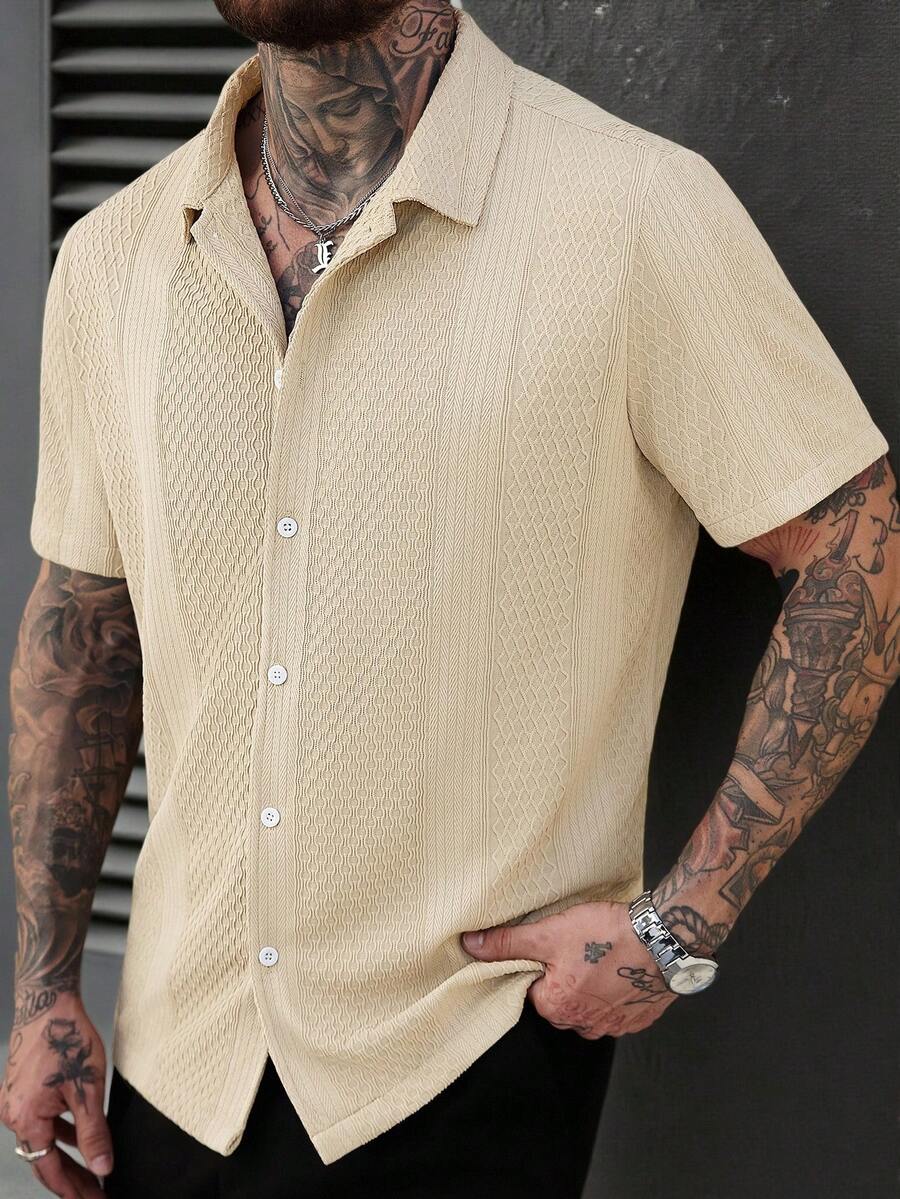 Manfinity Homme Men's Solid Color Jacquard Knit Short Sleeve Shirt - Apricot - View 1
