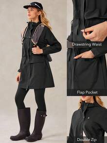 OutZeal Chaqueta de mujer con capucha, resistente al agua y al viento, de longitud larga con cordón en la cintura y bolsillos con cremallera, para camping y senderismo - Negro - Ver 5