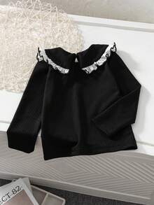 SHEIN Genkimix Kids 女童罗纹长袖T恤，蕾丝领口，舒适休闲优雅时尚，适合春、秋、冬三季穿着。 - 黑色 - 查看 2