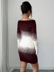 Rafferiza 优雅性感修身渐变色芝麻籽提花露肩长袖连衣裙，大地色系，适合婚礼宾客及秋冬季穿着。 - 酒紅色 - 查看 2