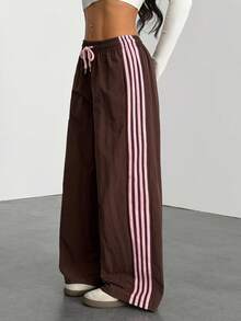 SHEIN PETITE Women's Brown Side Stripe Elastic Waist Casual Loose Sweatpants Womens Brown Pants Loose Pants For Women Pants Women Brown Pants Women Track Pants Women Wide Leg Pants Brown Brown Bottoms Women - Brown - View 5