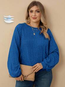 EMERY ROSE Plus Size Women's Casual Solid Color Round Neck Ribbed Long Sleeve - Blue - View 1