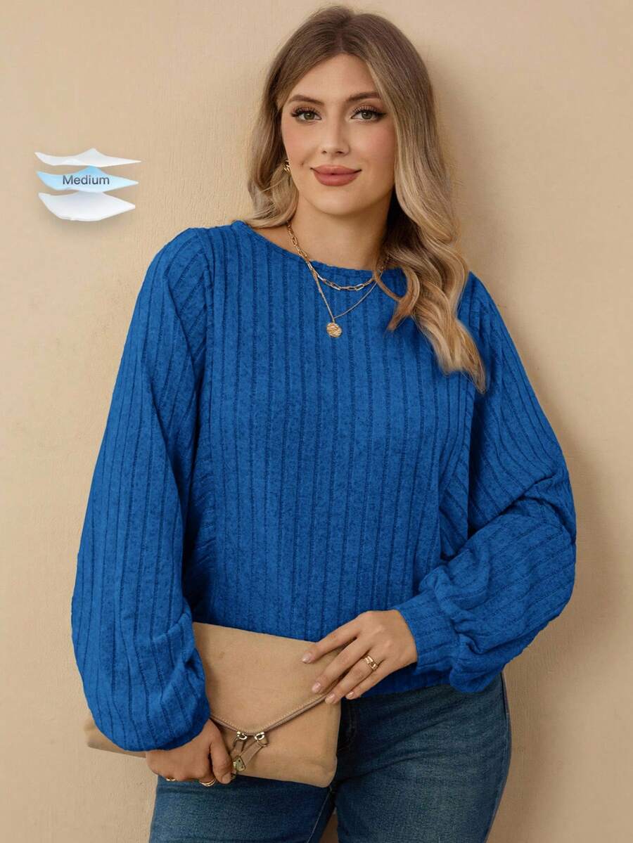 EMERY ROSE Plus Size Women's Casual Solid Color Round Neck Ribbed Long Sleeve - Blue - View 1