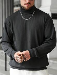 Manfinity Homme Men's Long Sleeve Turtleneck Striped Slim Fit Pullover Sweatshirt Men Knit Tops - Black - View 5