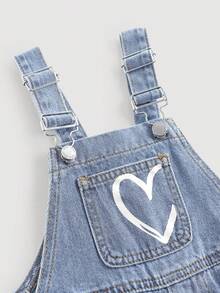 Young Girl' Cute White Heart Pattern Blue Denim Loose Bib Pants,Fall Clothes,Winter Clothing ,Casual And Fashionable Vacation Outfits,Streetwear,2000s Style  ,Christmas Clothing,Heart Pattern  Overall,Young Girl Overall - Light Wash - View 3