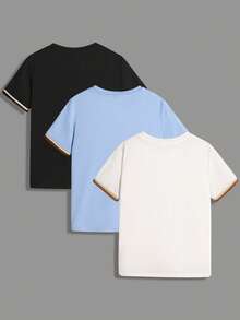 SHEIN Bộ 3 áo thun tay ngắn cổ tròn in họa tiết đơn giản, rộng rãi cho bé trai - Màu xanh lam - Xem 2