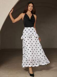 Aveloria Rosie Fashionable Chiffon Digital Printed Polka Dot Ruffle Hem Maxi Skirt, European And American Style, Autumn/Winter - Multicolor - View 5