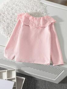 Elladie kids Áo thun tay dài vải gân cho bé gái có cổ viền ren, thoải mái, thời trang thanh lịch, phù hợp cho mùa xuân, thu, đông - Màu Hồng baby - Xem 2