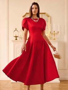 EMERY ROSE European & American Elegant High-End Satin-Feel Tulip Sleeve Round Neck Asymmetric Hem Design Women Long Dress - Red - View 5