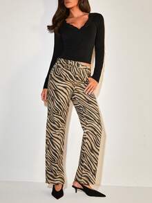 COSMINA Women's Tiger Print Straight Leg Jeans, Animal Pattern Split Denim Pants, Casual Commute, Fashionable Street Style Long Trousers - Dark Wash - View 1