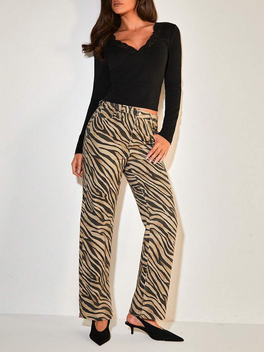 COSMINA Women's Tiger Print Straight Leg Jeans, Animal Pattern Split Denim Pants, Casual Commute, Fashionable Street Style Long Trousers - Dark Wash - View 1